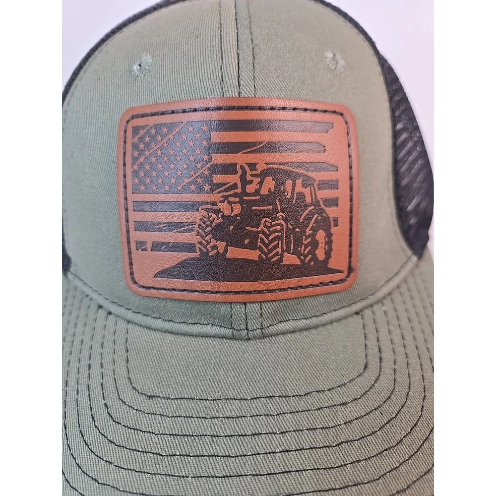 USA‎ Flag Leather Patch Tractor Trucker Hat Baseball Cap Green ~ New ~